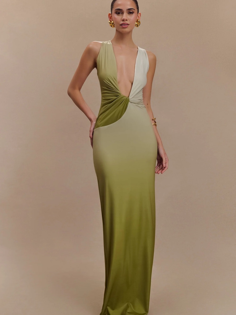 MESHKI | Stella Draped Slinky Maxi Dress in Ombre Vintage Olive